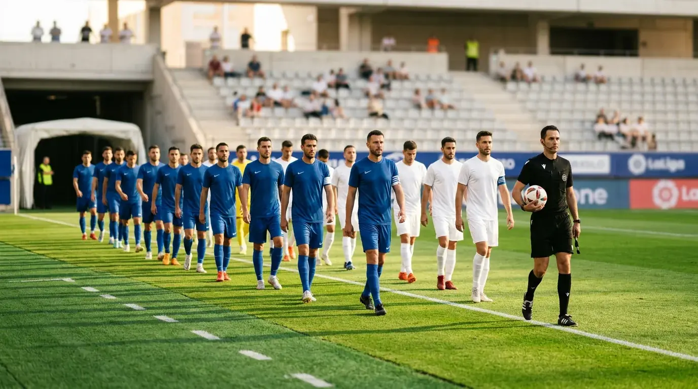Jugadores de fútbol saliendo al césped antes del pitido inicial de un partido en España