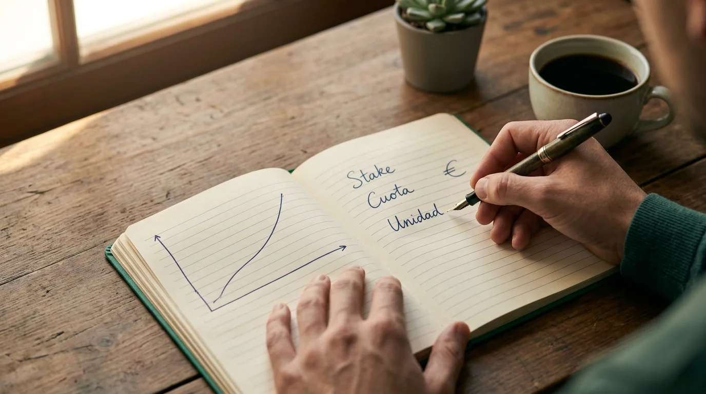Apostador revisando un cuaderno de registro de apuestas con anotaciones de stake y cuota